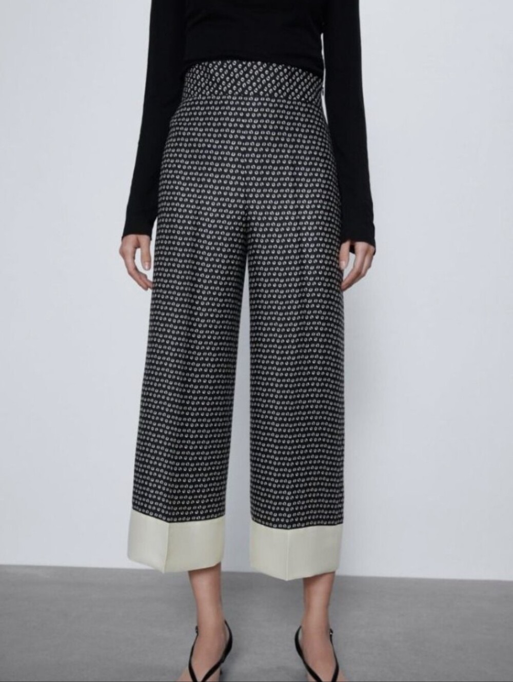 Zara Culotte Wide Leg Trouser Black & White Cuffed Cropped Pants High Waist M